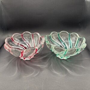 2 Vintage Mikasa Candy/Nut Bowls Red & Green Peppermint Swirled